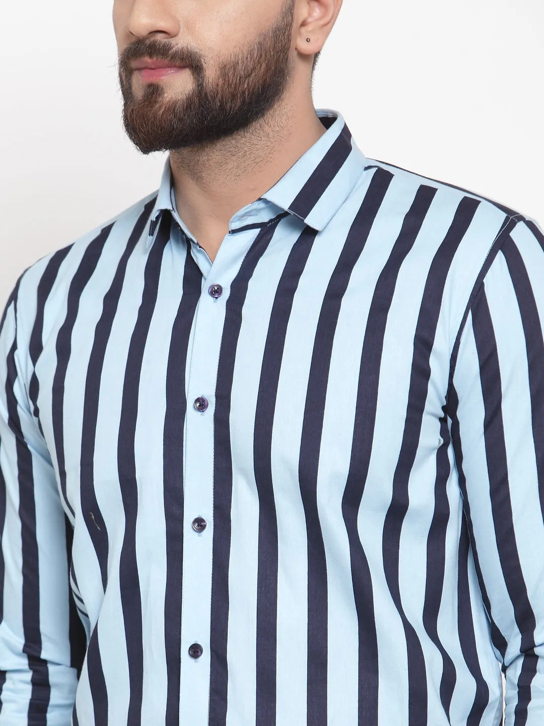 Men's Blue Cotton Striped Formal Shirts ( SF 744Sky ) - Jainish