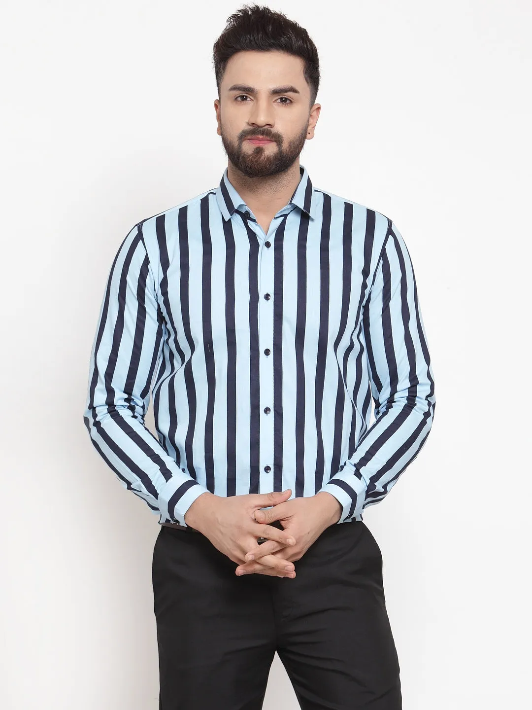 Men's Blue Cotton Striped Formal Shirts ( SF 744Sky ) - Jainish