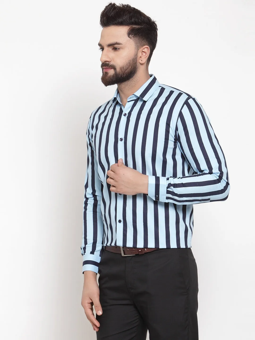 Men's Blue Cotton Striped Formal Shirts ( SF 744Sky ) - Jainish