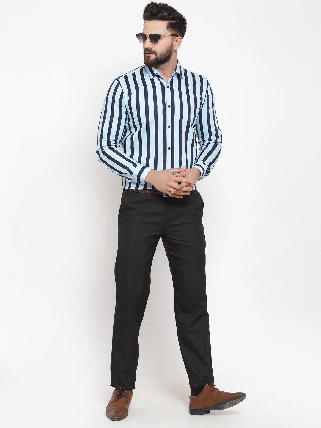 Men's Blue Cotton Striped Formal Shirts ( SF 744Sky ) - Jainish