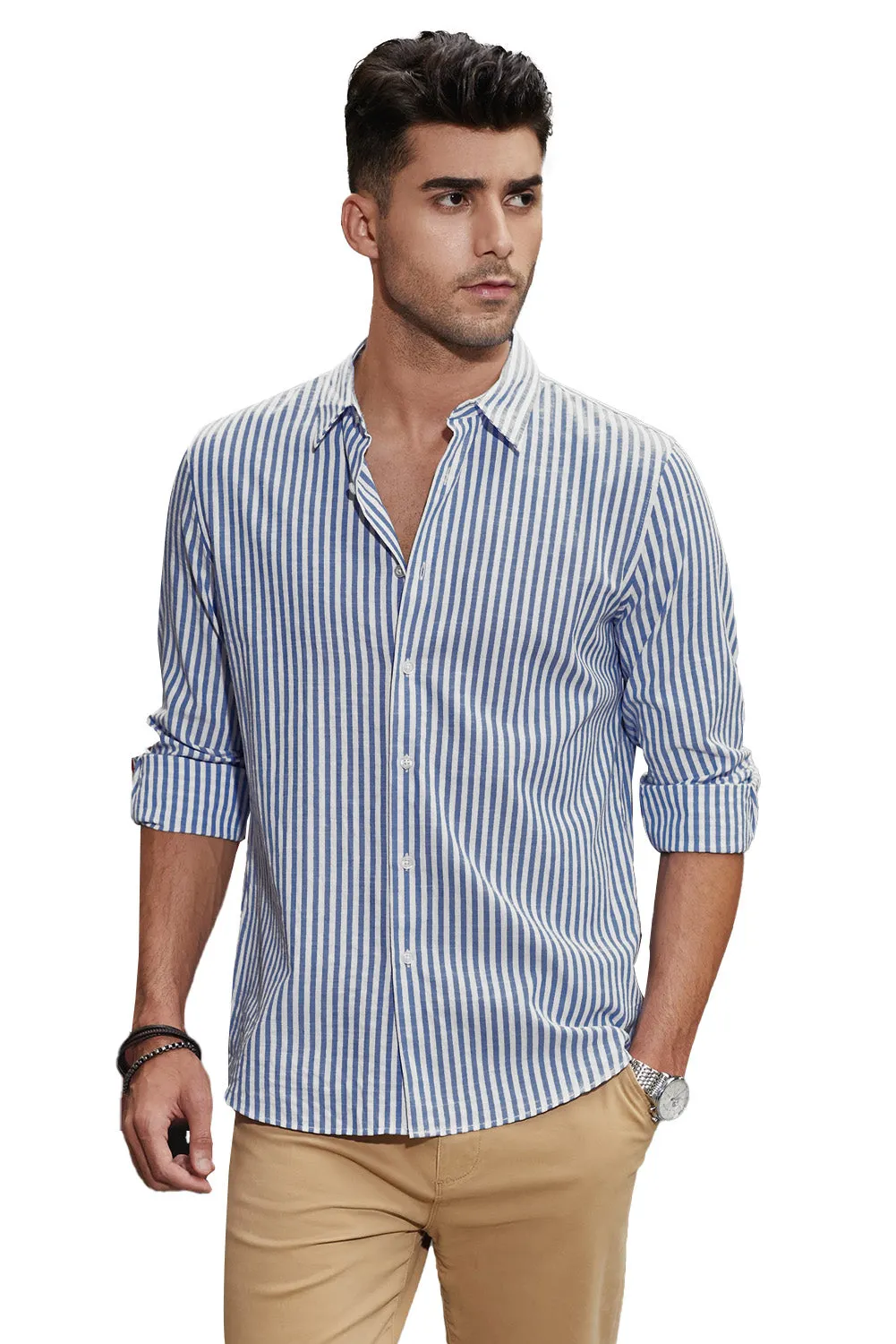 Men's Casual Striped Button Down Shirts Long Sleeve Slim Fit Dress Shirts Untucked Shirts