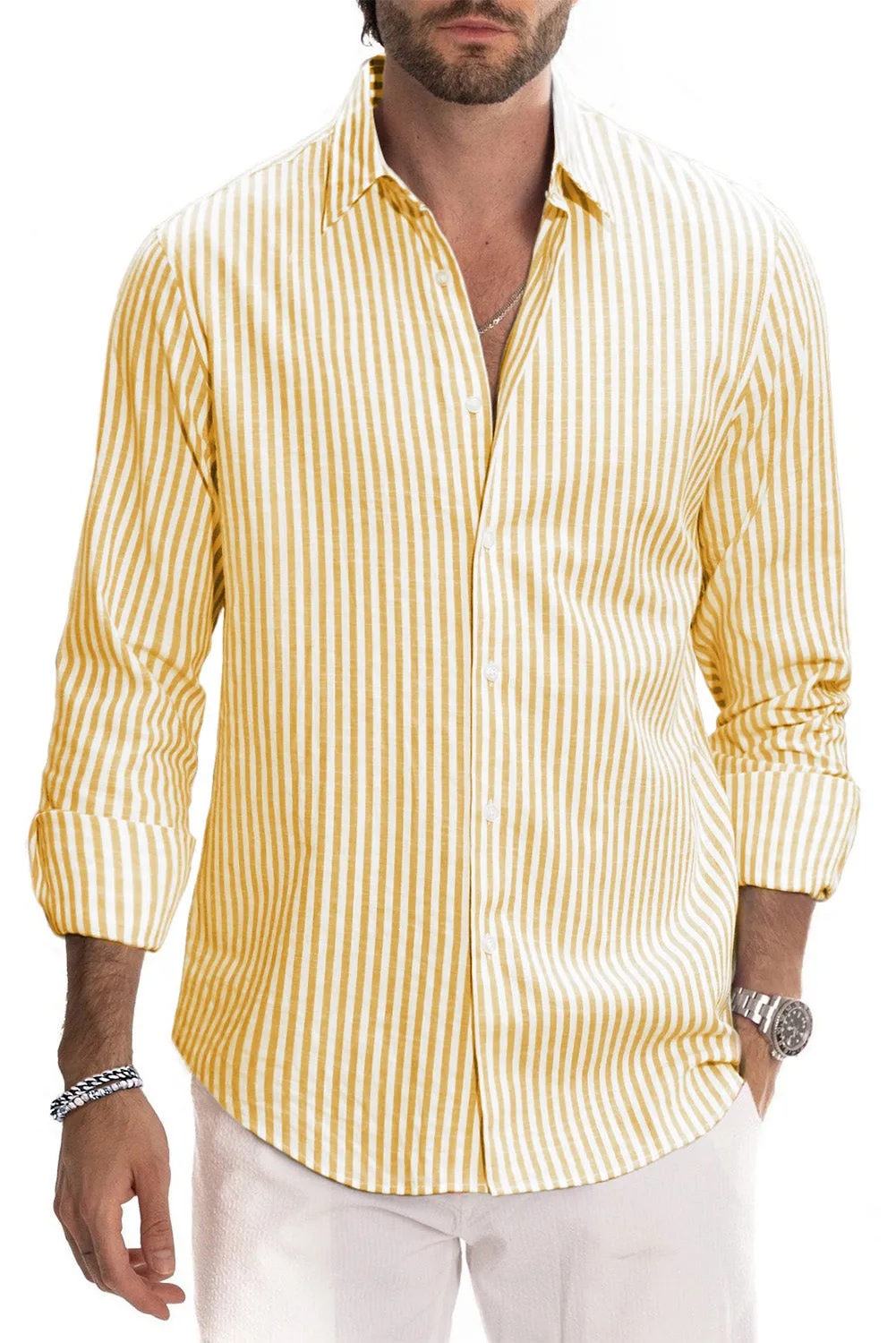 Men's Casual Striped Button Down Shirts Long Sleeve Slim Fit Dress Shirts Untucked Shirts