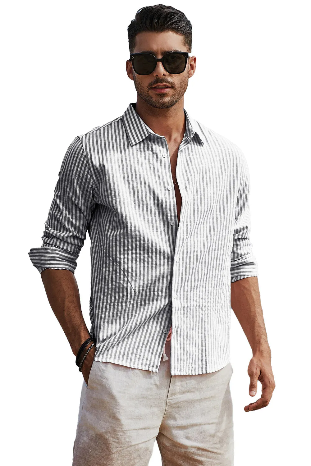 Men's Casual Striped Button Down Shirts Long Sleeve Slim Fit Dress Shirts Untucked Shirts