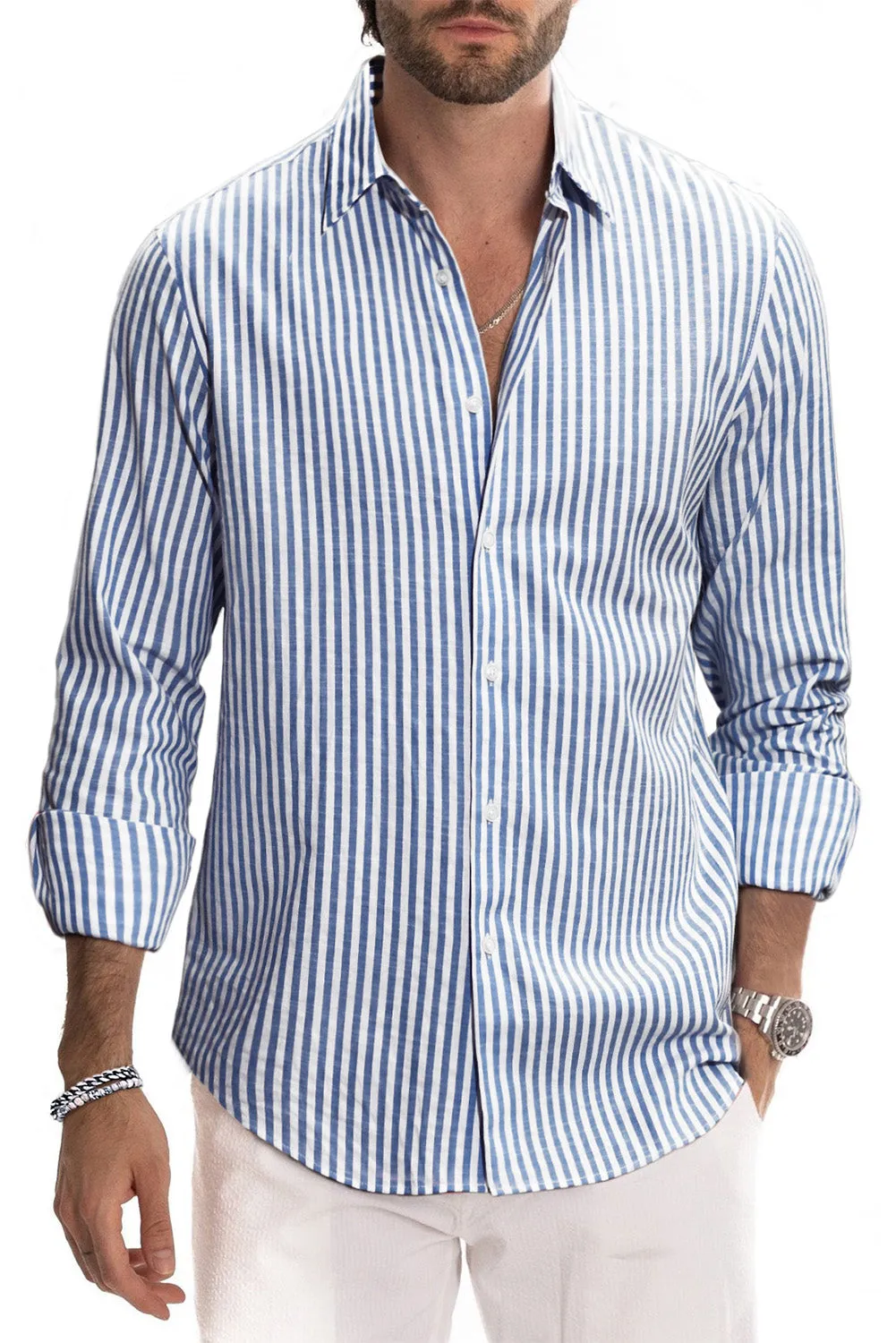 Men's Casual Striped Button Down Shirts Long Sleeve Slim Fit Dress Shirts Untucked Shirts