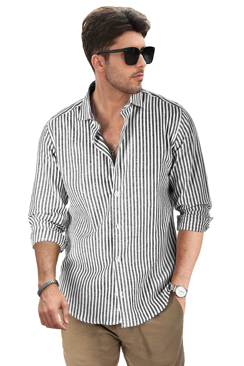 Men's Casual Striped Button Down Shirts Long Sleeve Slim Fit Dress Shirts Untucked Shirts