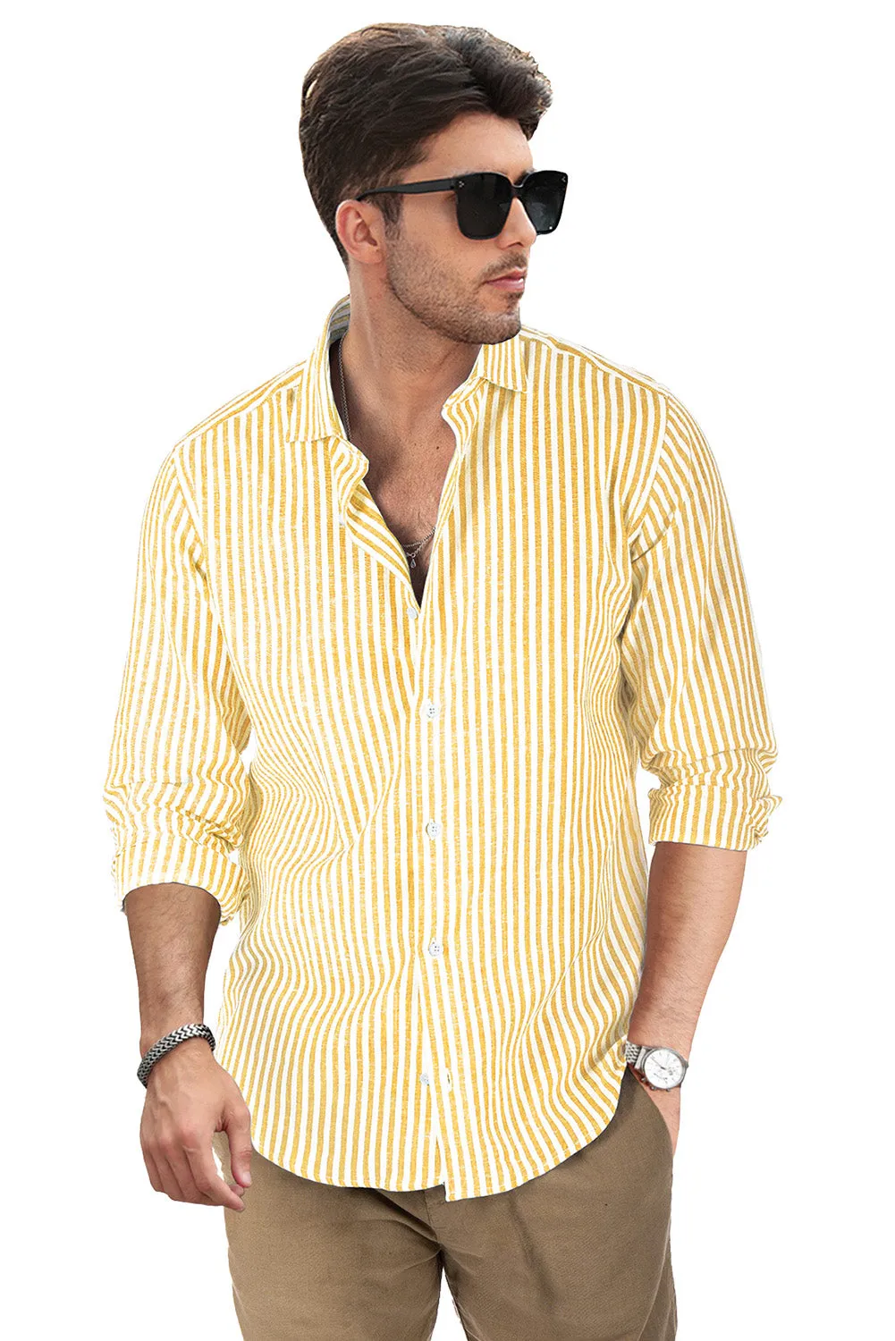 Men's Casual Striped Button Down Shirts Long Sleeve Slim Fit Dress Shirts Untucked Shirts