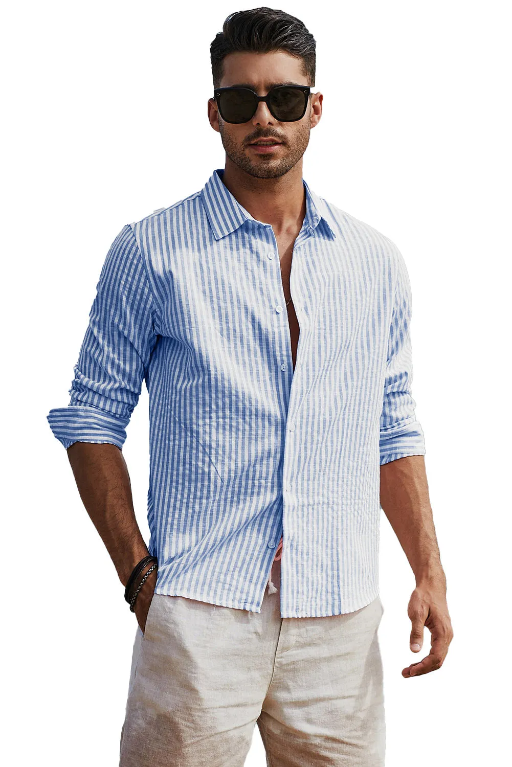 Men's Casual Striped Button Down Shirts Long Sleeve Slim Fit Dress Shirts Untucked Shirts