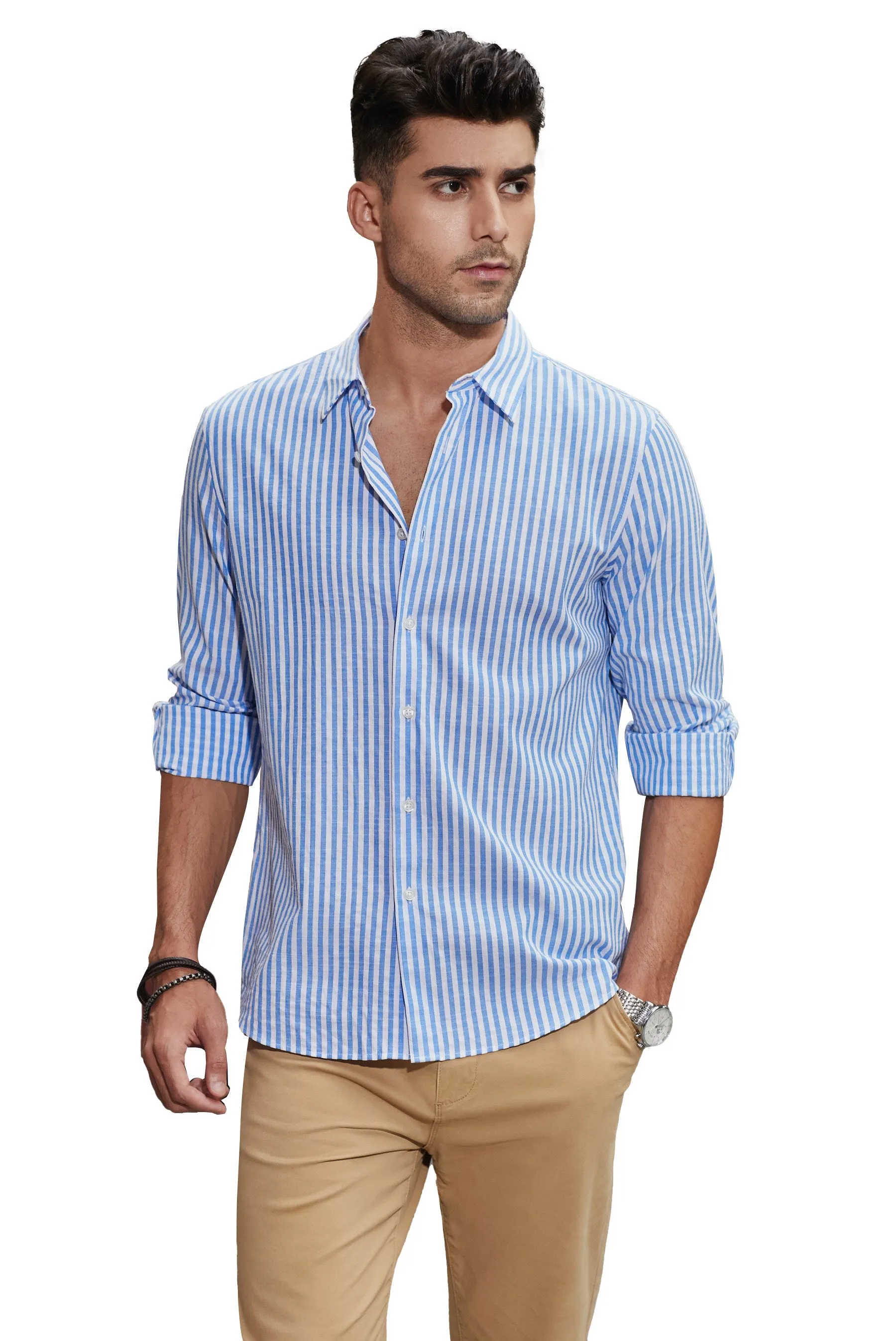 Men's Casual Striped Button Down Shirts Long Sleeve Slim Fit Dress Shirts Untucked Shirts