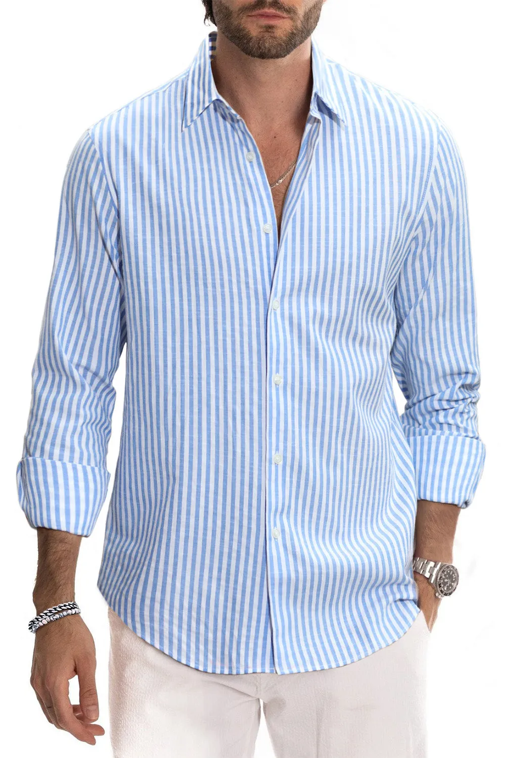 Men's Casual Striped Button Down Shirts Long Sleeve Slim Fit Dress Shirts Untucked Shirts