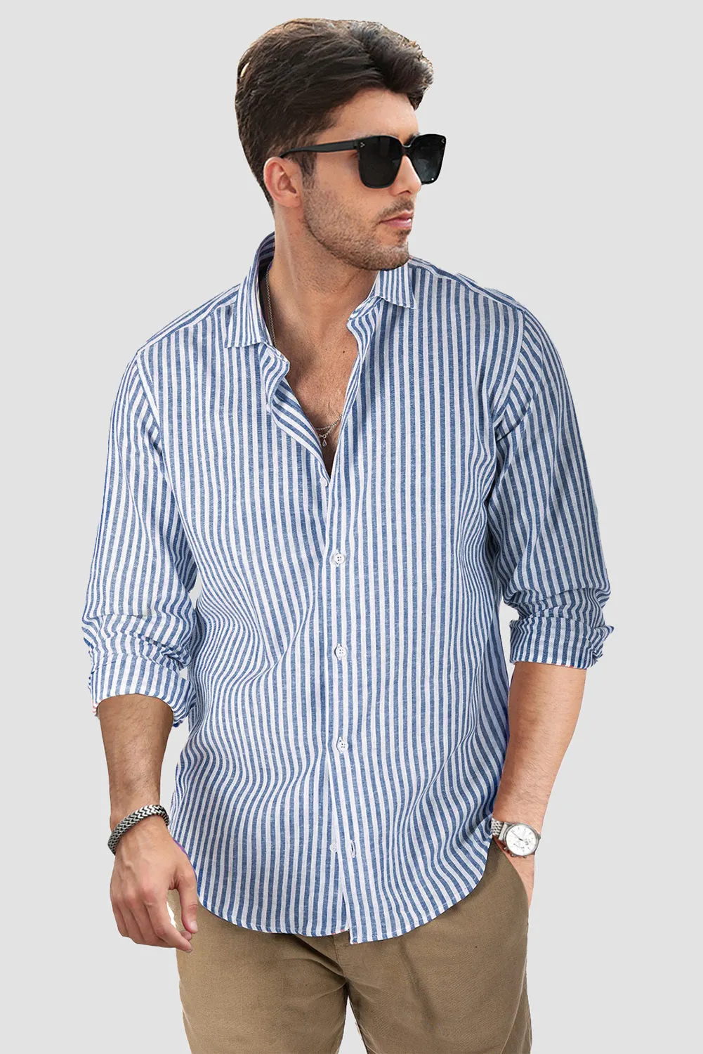 Men's Casual Striped Button Down Shirts Long Sleeve Slim Fit Dress Shirts Untucked Shirts