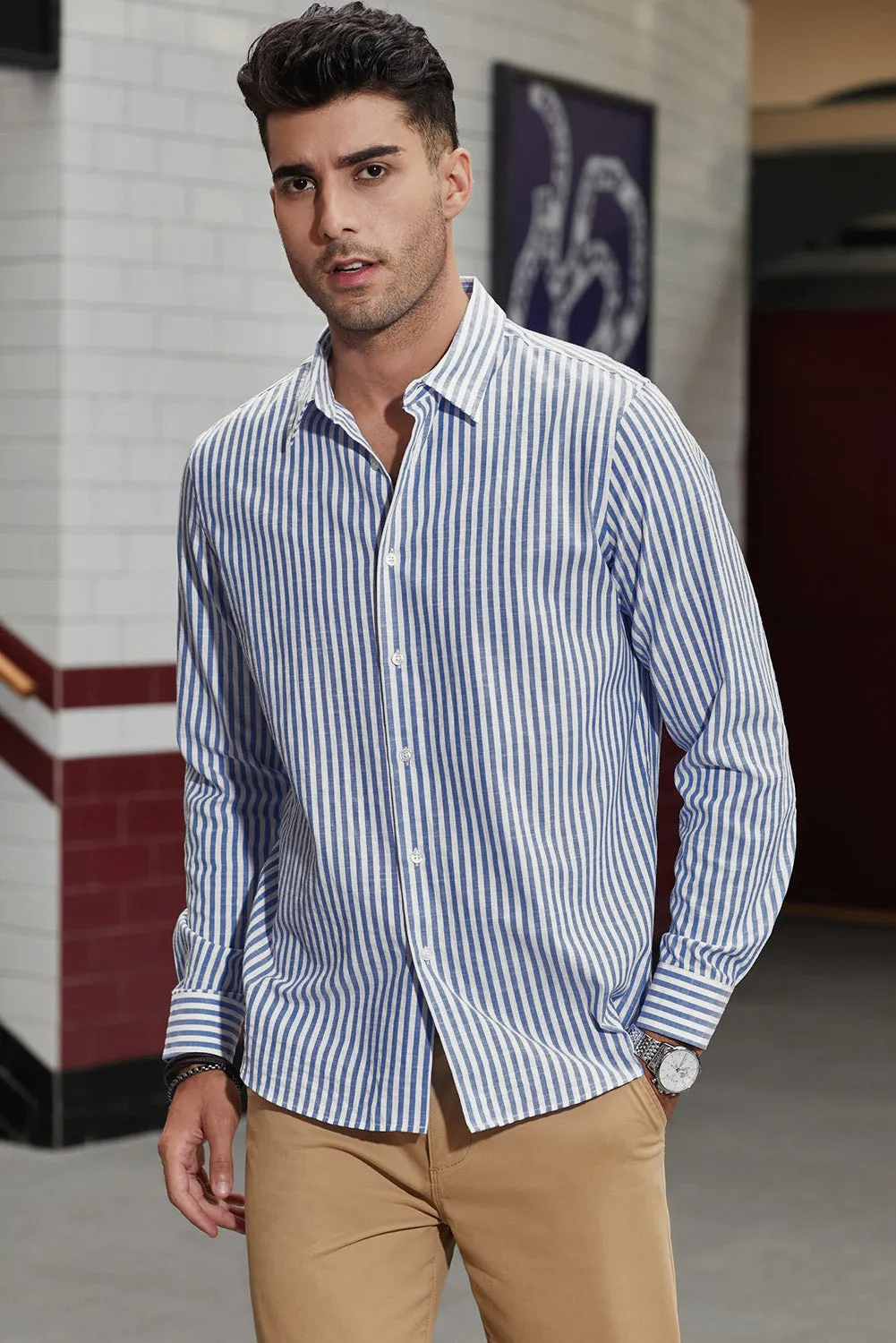 Men's Casual Striped Button Down Shirts Long Sleeve Slim Fit Dress Shirts Untucked Shirts