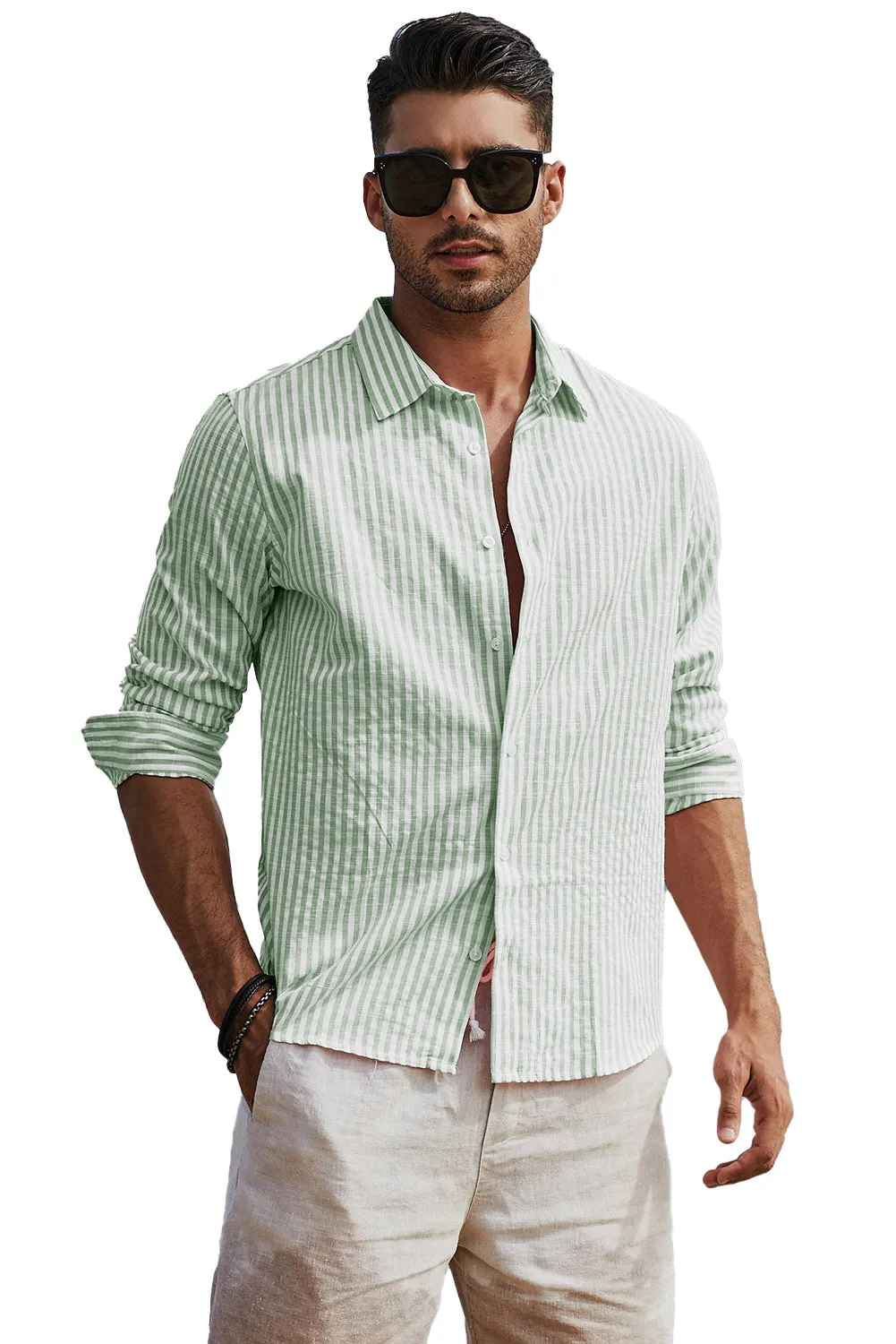 Men's Casual Striped Button Down Shirts Long Sleeve Slim Fit Dress Shirts Untucked Shirts