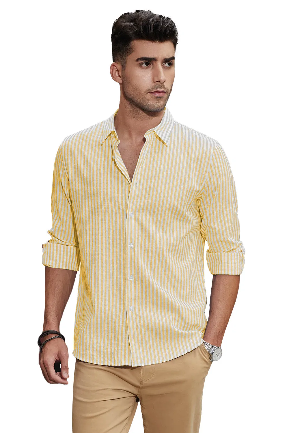 Men's Casual Striped Button Down Shirts Long Sleeve Slim Fit Dress Shirts Untucked Shirts