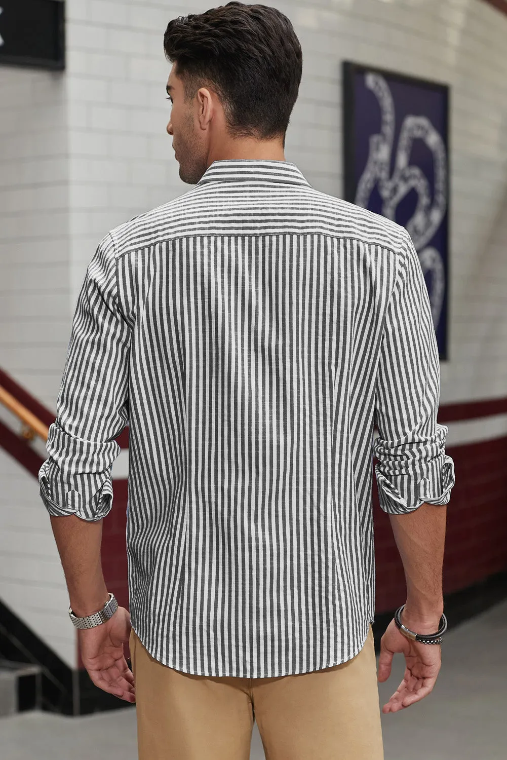 Men's Casual Striped Button Down Shirts Long Sleeve Slim Fit Dress Shirts Untucked Shirts