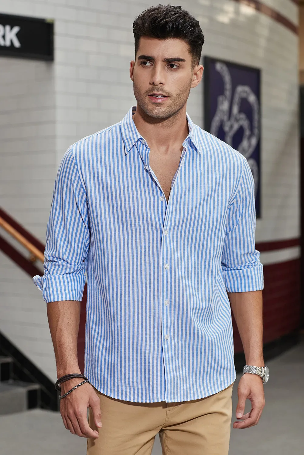 Men's Casual Striped Button Down Shirts Long Sleeve Slim Fit Dress Shirts Untucked Shirts