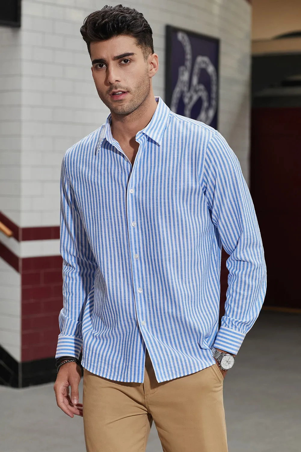 Men's Casual Striped Button Down Shirts Long Sleeve Slim Fit Dress Shirts Untucked Shirts