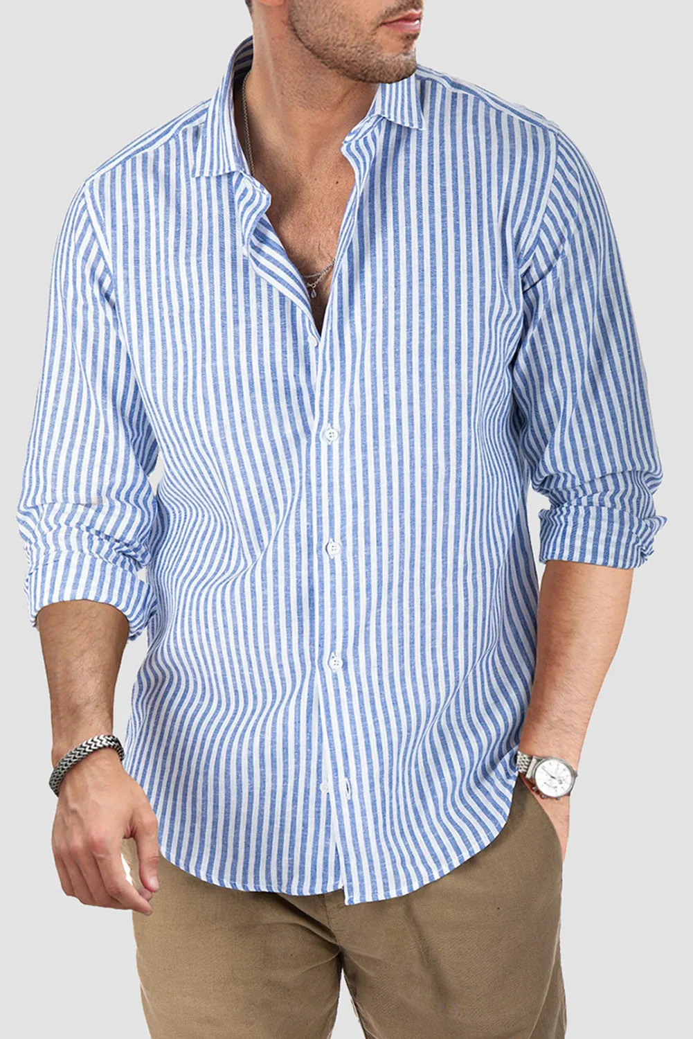 Men's Casual Striped Button Down Shirts Long Sleeve Slim Fit Dress Shirts Untucked Shirts