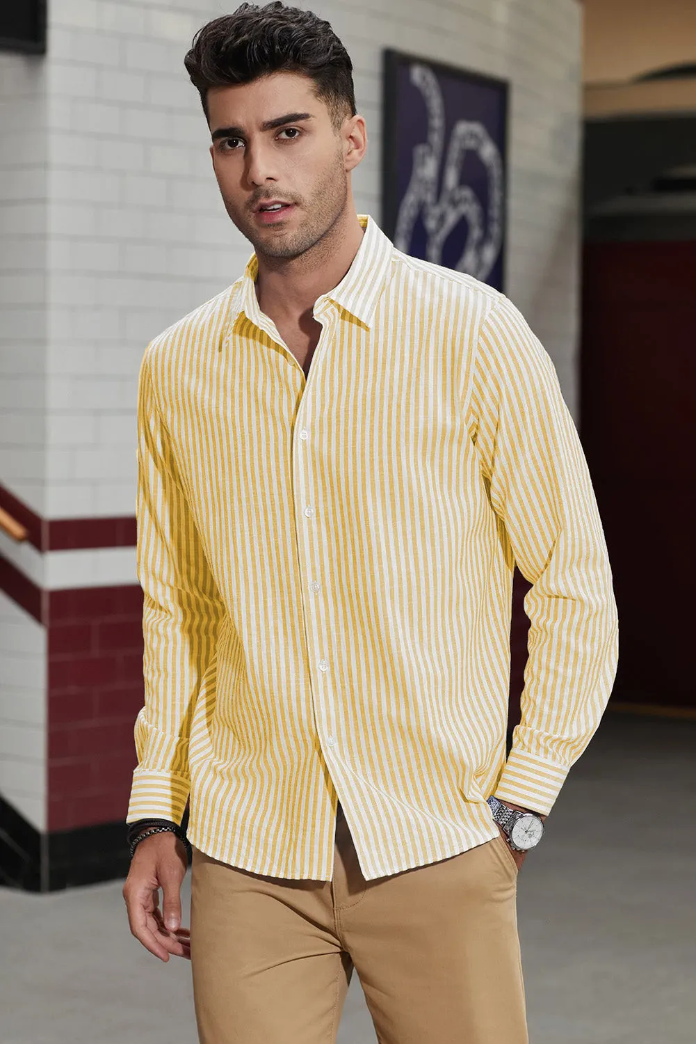 Men's Casual Striped Button Down Shirts Long Sleeve Slim Fit Dress Shirts Untucked Shirts