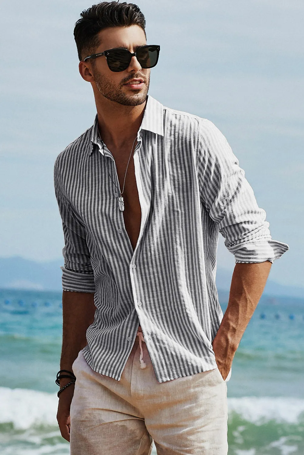 Men's Casual Striped Button Down Shirts Long Sleeve Slim Fit Dress Shirts Untucked Shirts