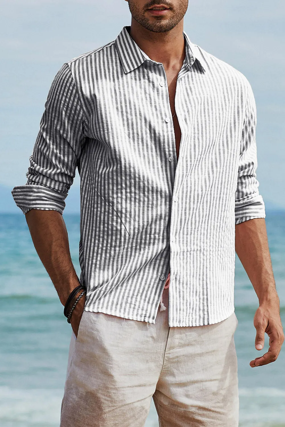 Men's Casual Striped Button Down Shirts Long Sleeve Slim Fit Dress Shirts Untucked Shirts