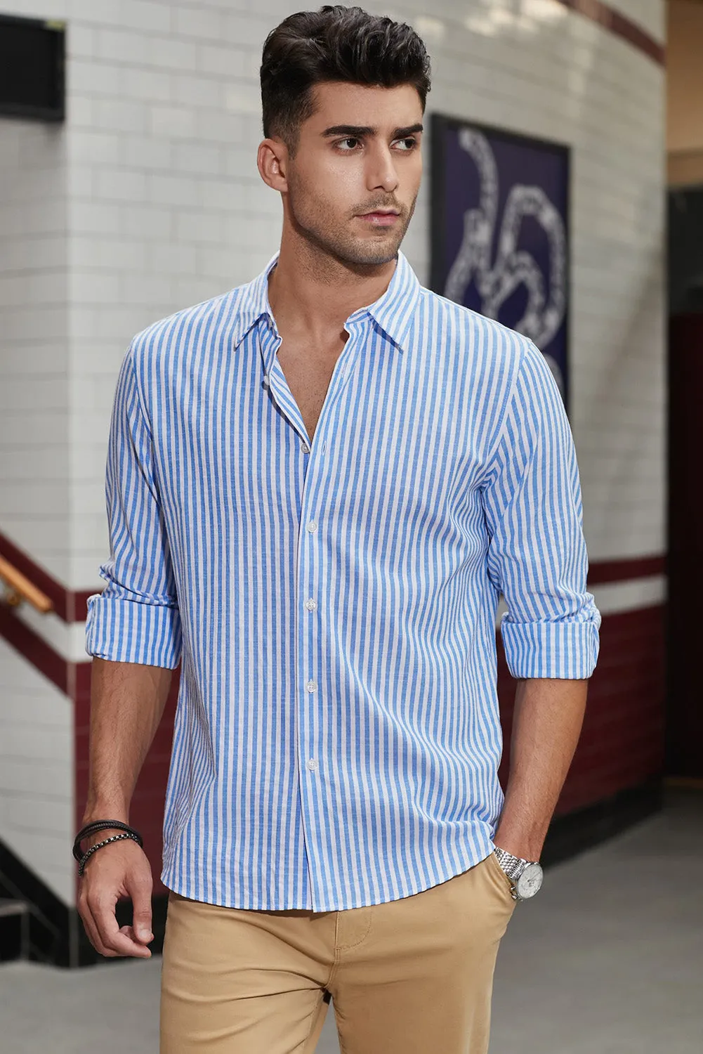 Men's Casual Striped Button Down Shirts Long Sleeve Slim Fit Dress Shirts Untucked Shirts