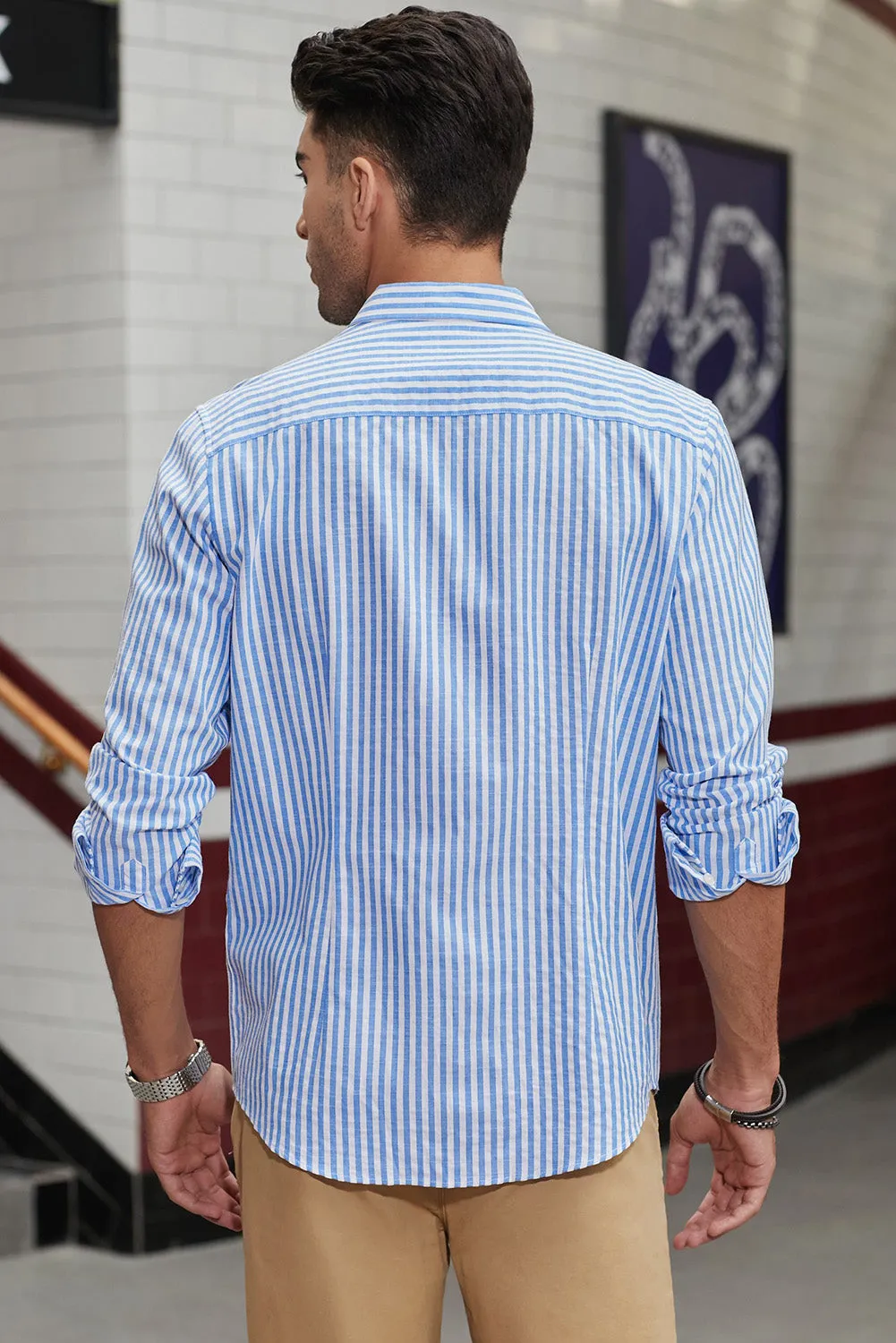 Men's Casual Striped Button Down Shirts Long Sleeve Slim Fit Dress Shirts Untucked Shirts