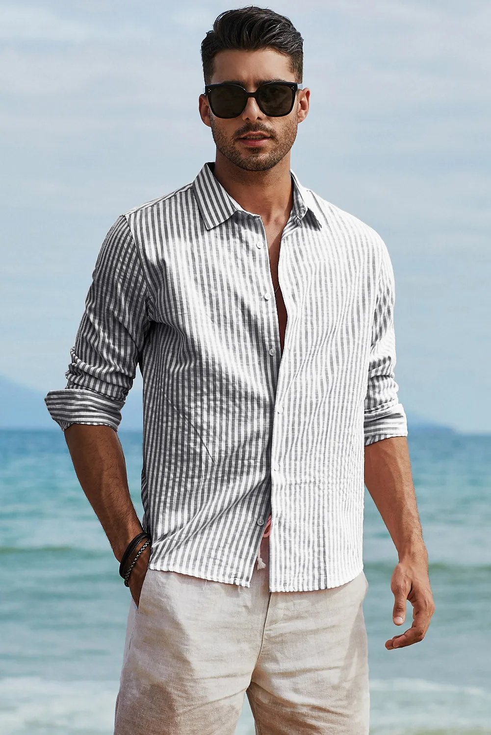 Men's Casual Striped Button Down Shirts Long Sleeve Slim Fit Dress Shirts Untucked Shirts