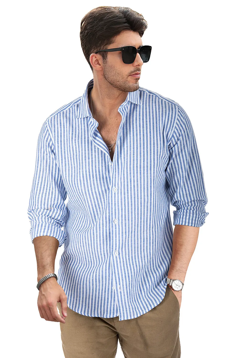 Men's Casual Striped Button Down Shirts Long Sleeve Slim Fit Dress Shirts Untucked Shirts