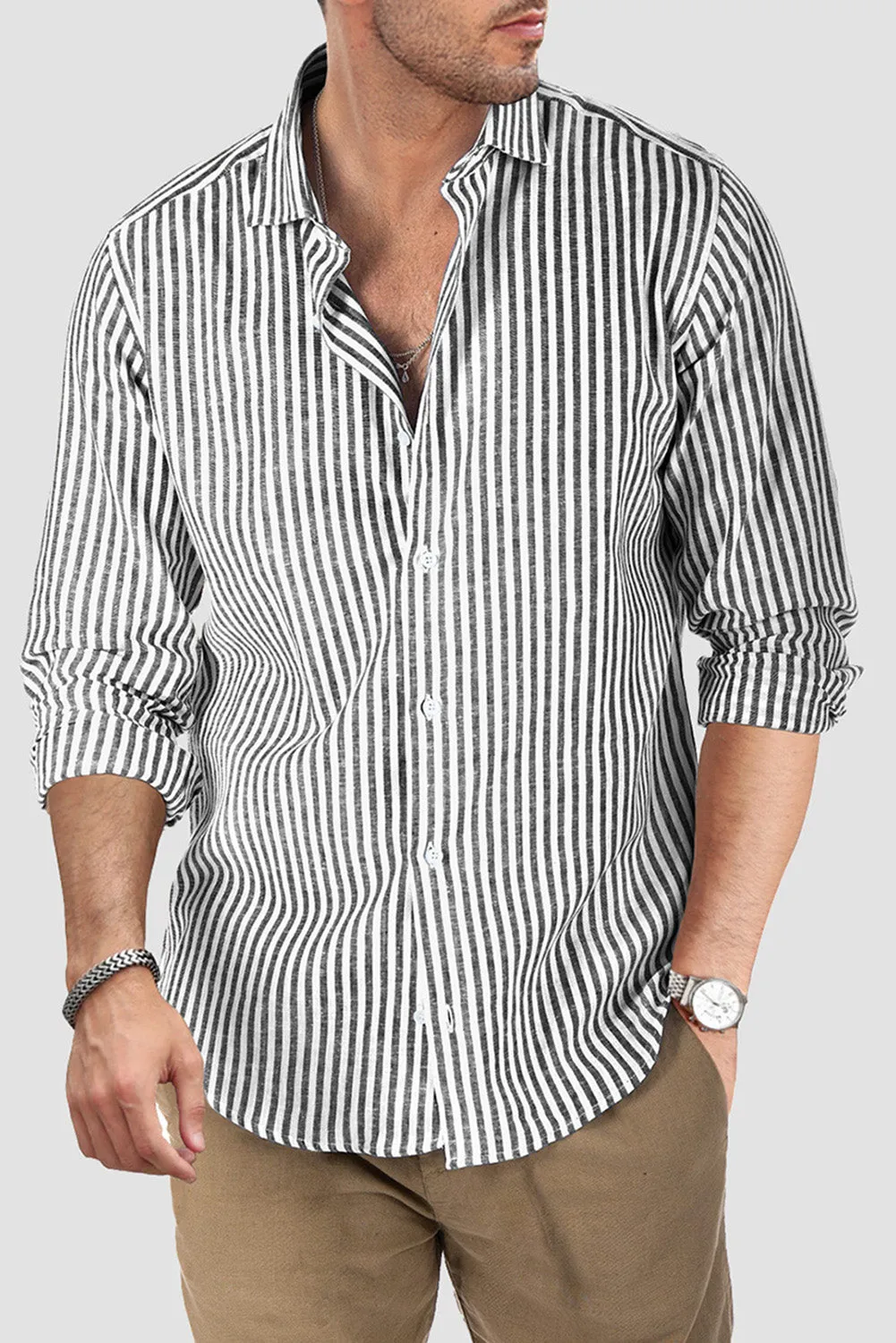 Men's Casual Striped Button Down Shirts Long Sleeve Slim Fit Dress Shirts Untucked Shirts