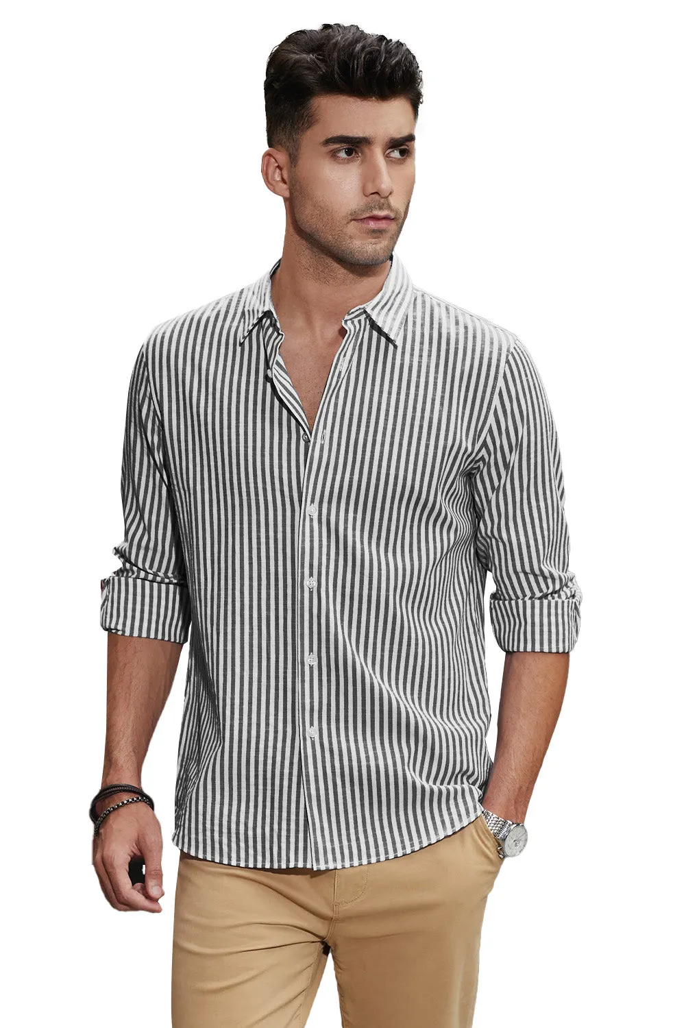 Men's Casual Striped Button Down Shirts Long Sleeve Slim Fit Dress Shirts Untucked Shirts