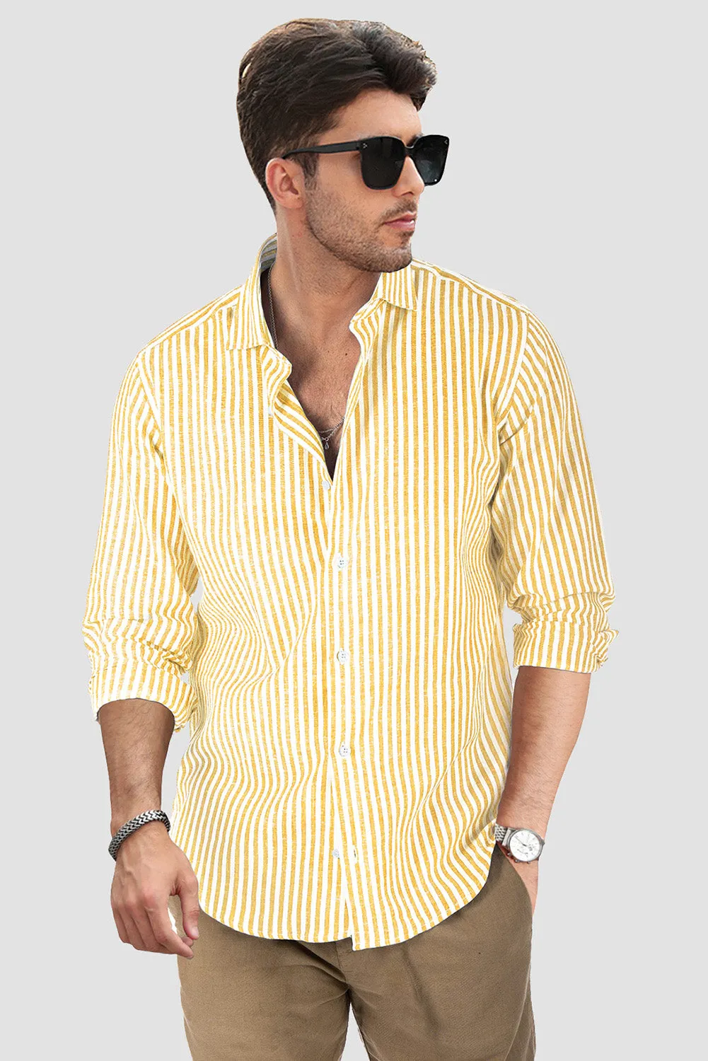 Men's Casual Striped Button Down Shirts Long Sleeve Slim Fit Dress Shirts Untucked Shirts