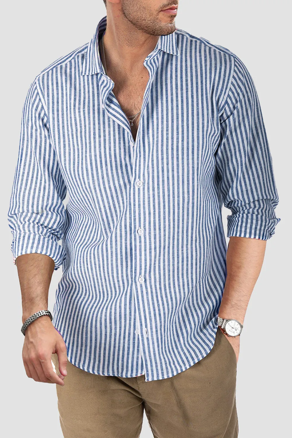 Men's Casual Striped Button Down Shirts Long Sleeve Slim Fit Dress Shirts Untucked Shirts