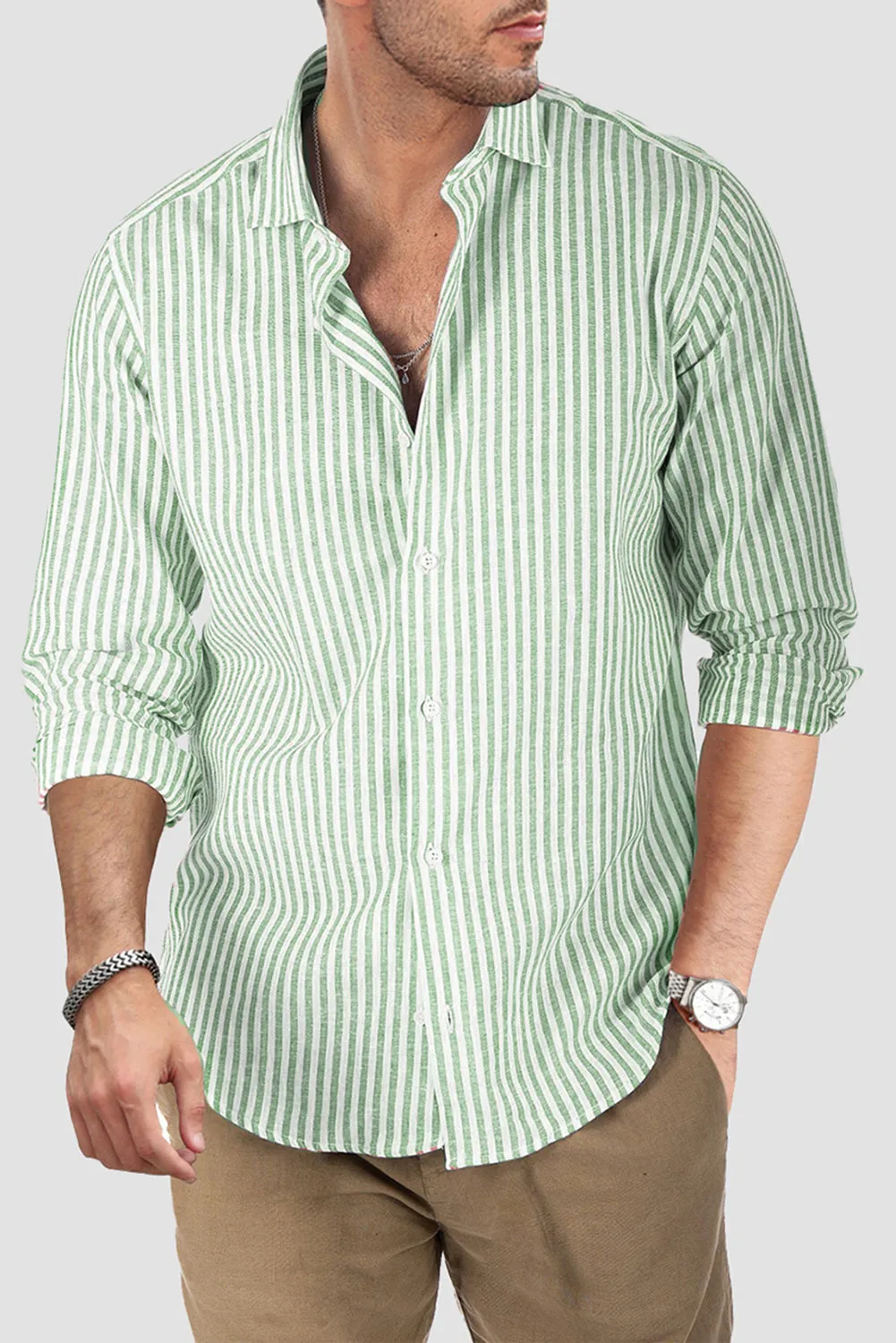 Men's Casual Striped Button Down Shirts Long Sleeve Slim Fit Dress Shirts Untucked Shirts