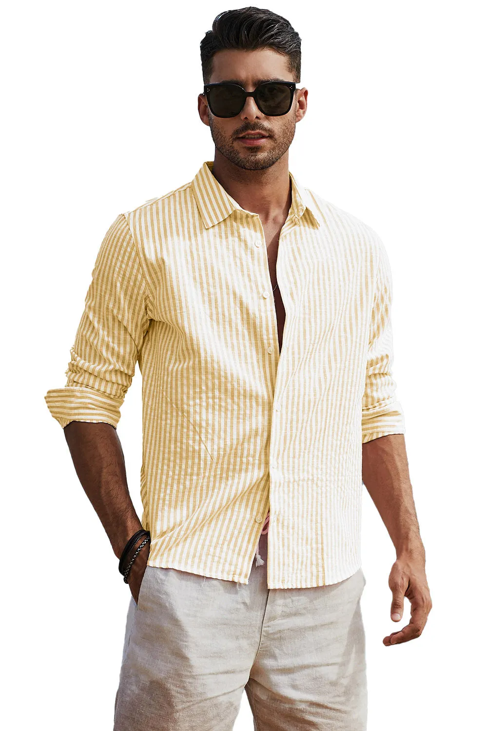 Men's Casual Striped Button Down Shirts Long Sleeve Slim Fit Dress Shirts Untucked Shirts