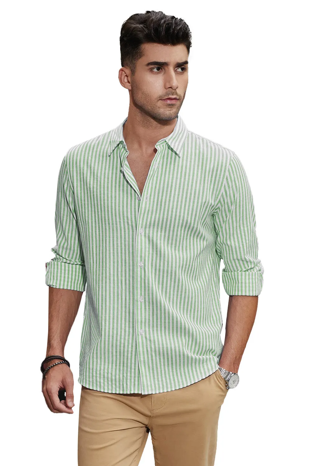 Men's Casual Striped Button Down Shirts Long Sleeve Slim Fit Dress Shirts Untucked Shirts