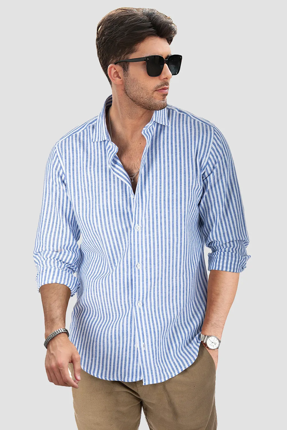 Men's Casual Striped Button Down Shirts Long Sleeve Slim Fit Dress Shirts Untucked Shirts