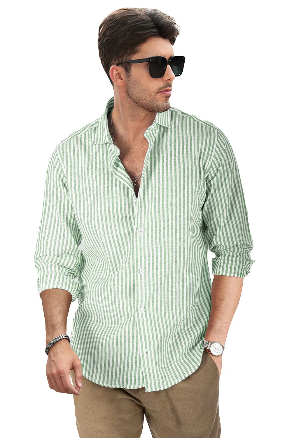 Men's Casual Striped Button Down Shirts Long Sleeve Slim Fit Dress Shirts Untucked Shirts