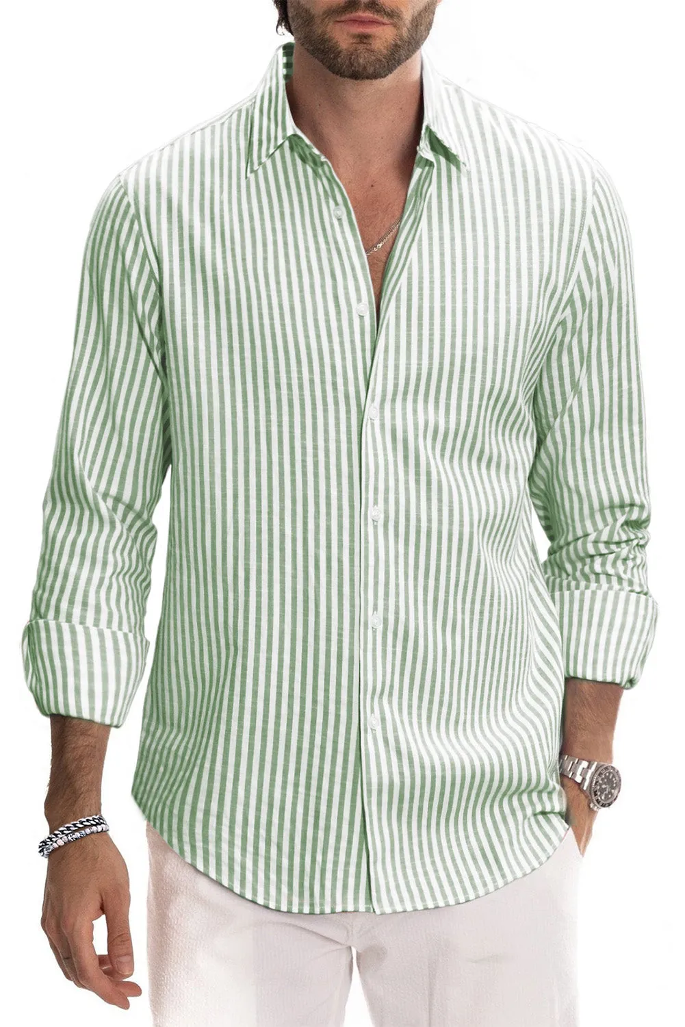 Men's Casual Striped Button Down Shirts Long Sleeve Slim Fit Dress Shirts Untucked Shirts