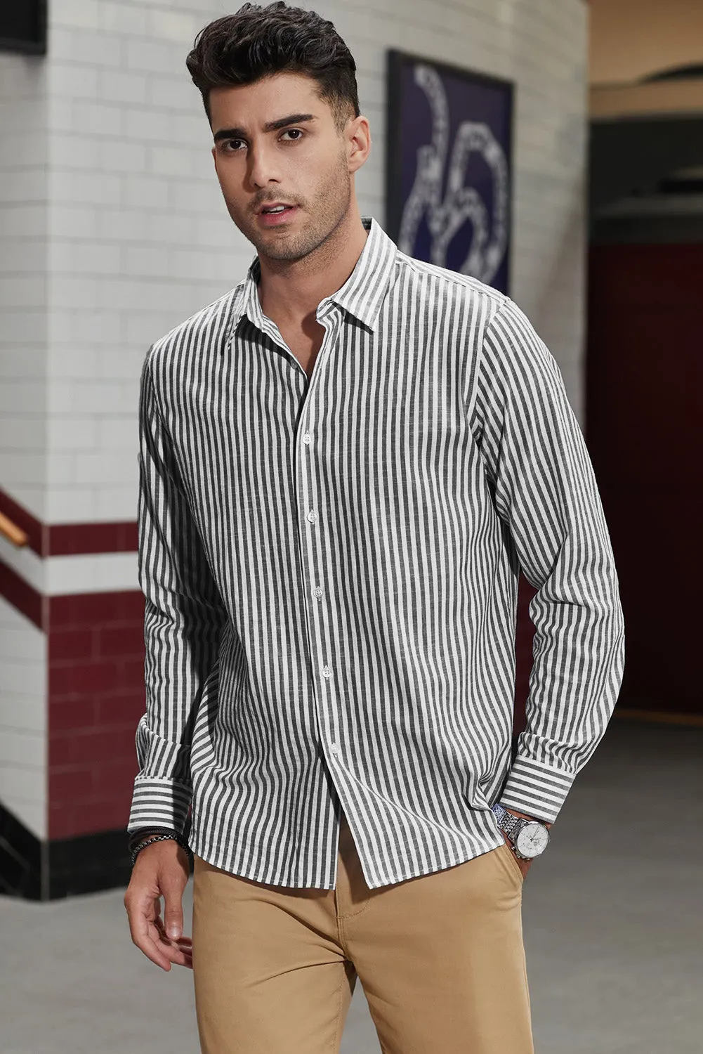 Men's Casual Striped Button Down Shirts Long Sleeve Slim Fit Dress Shirts Untucked Shirts