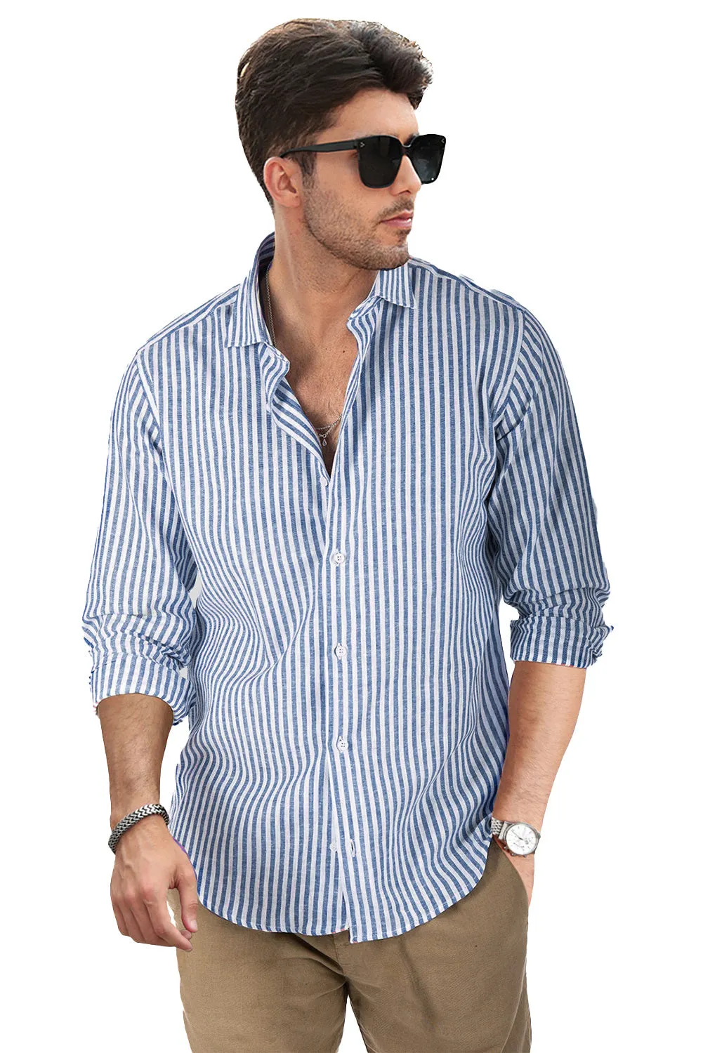 Men's Casual Striped Button Down Shirts Long Sleeve Slim Fit Dress Shirts Untucked Shirts