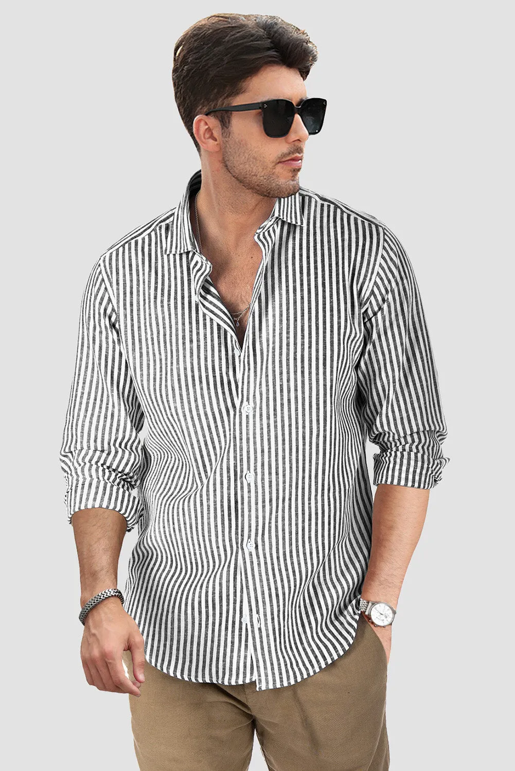 Men's Casual Striped Button Down Shirts Long Sleeve Slim Fit Dress Shirts Untucked Shirts