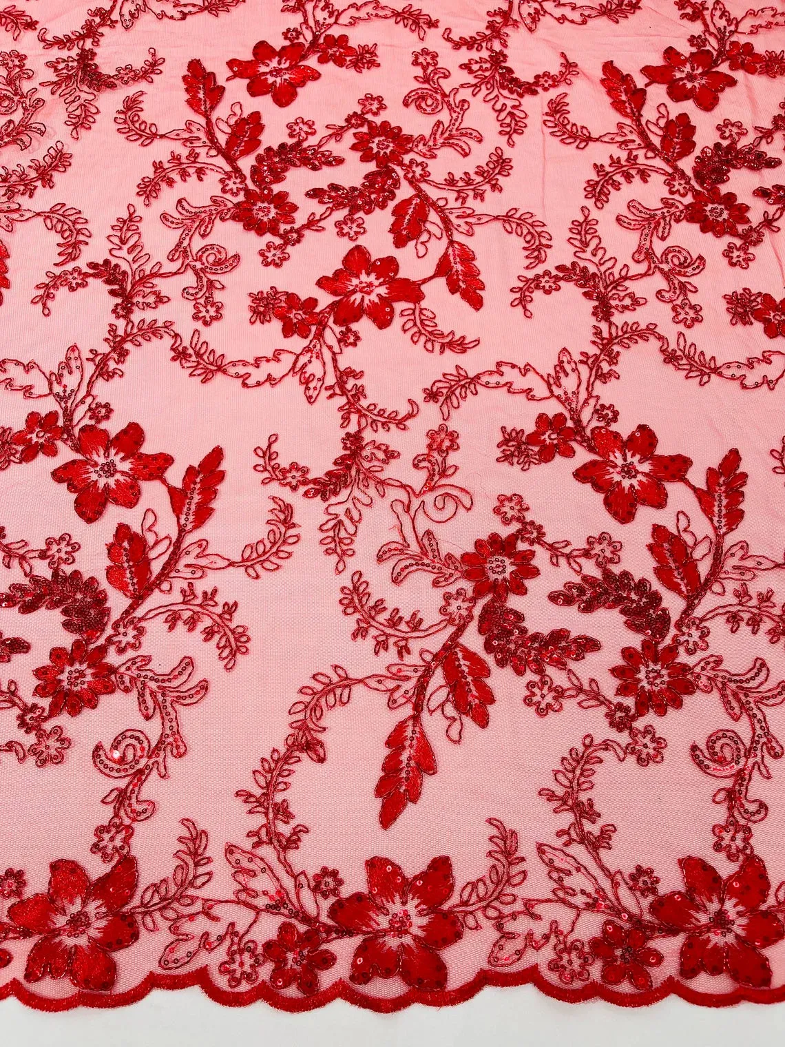 Metallic Floral Lace Fabric - Embroidered Fancy Flower Sequins Fabric by Yard