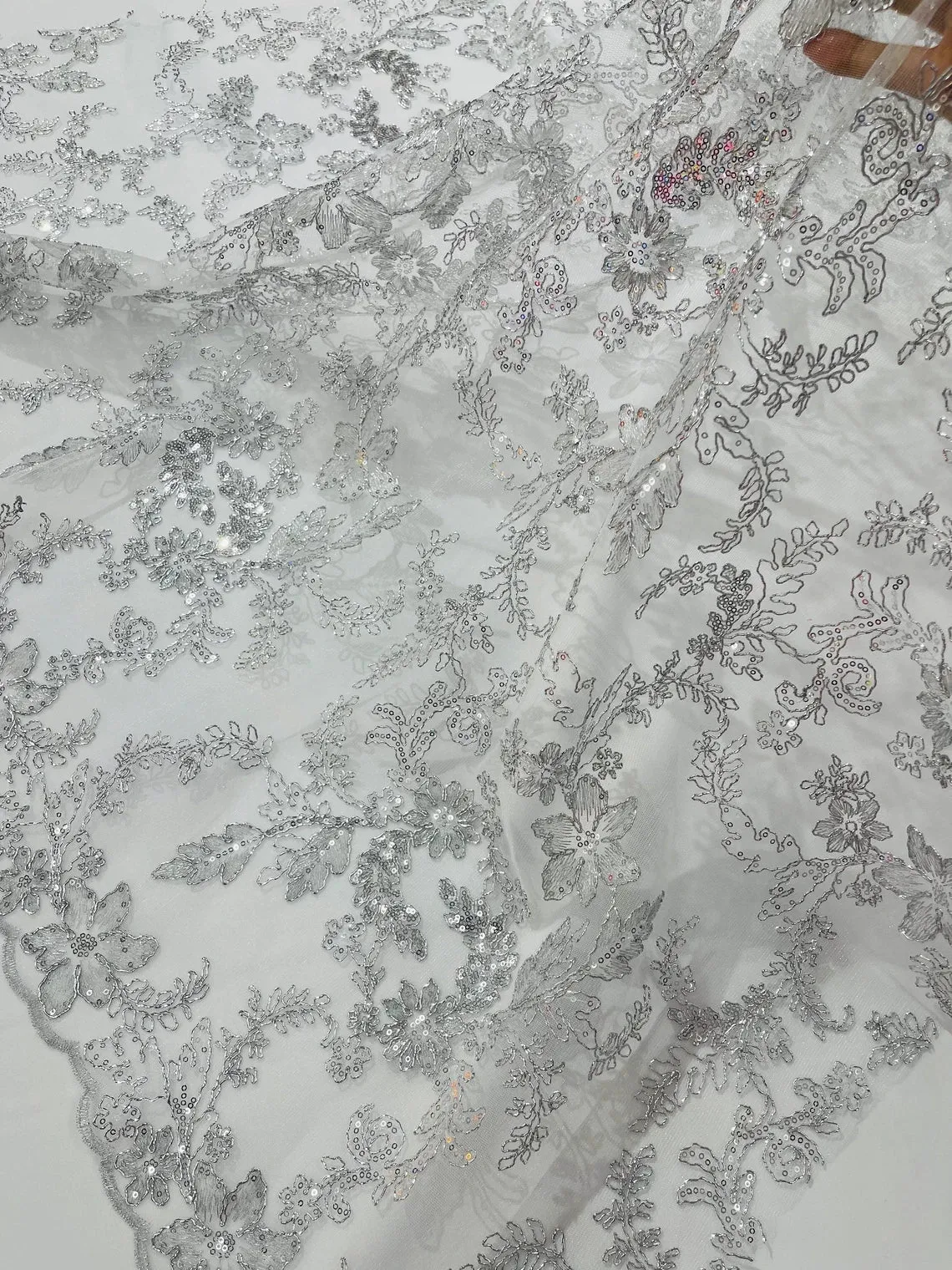 Metallic Floral Lace Fabric - Embroidered Fancy Flower Sequins Fabric by Yard