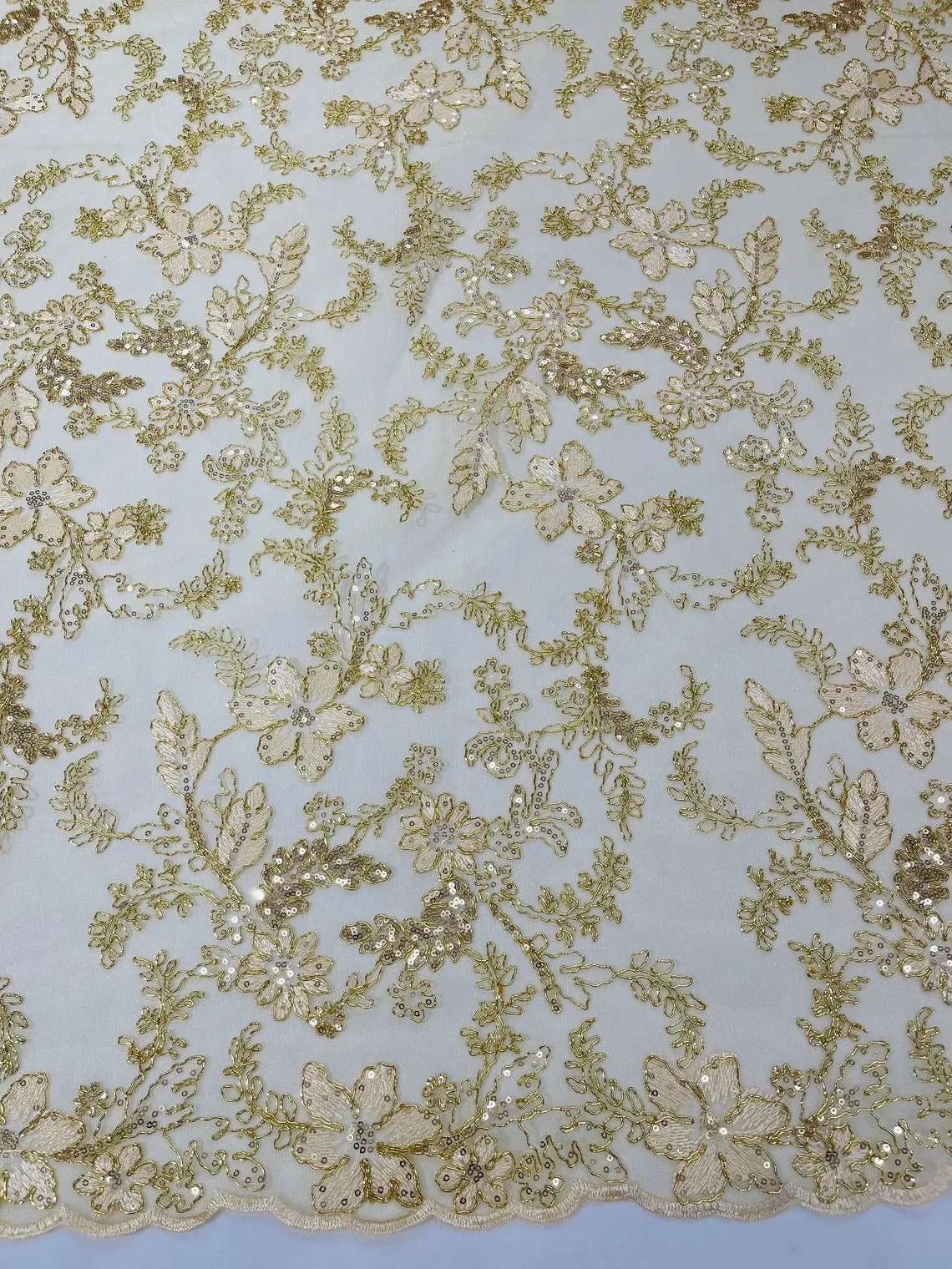 Metallic Floral Lace Fabric - Embroidered Fancy Flower Sequins Fabric by Yard