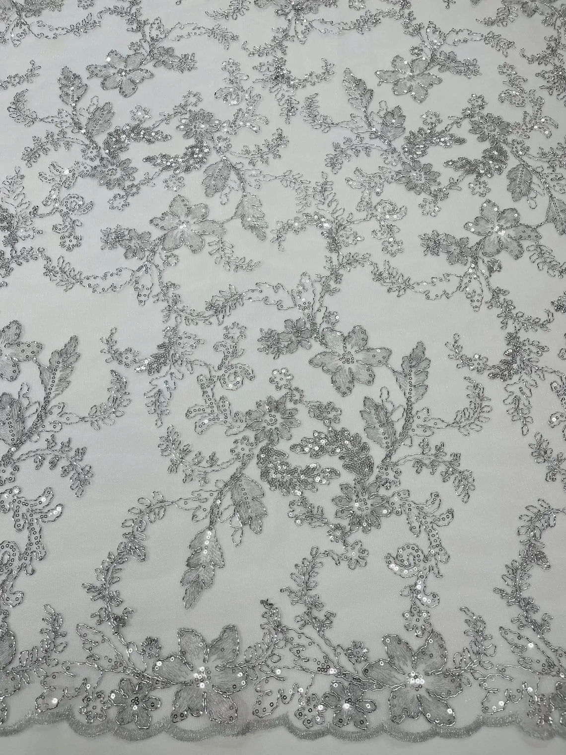 Metallic Floral Lace Fabric - Embroidered Fancy Flower Sequins Fabric by Yard