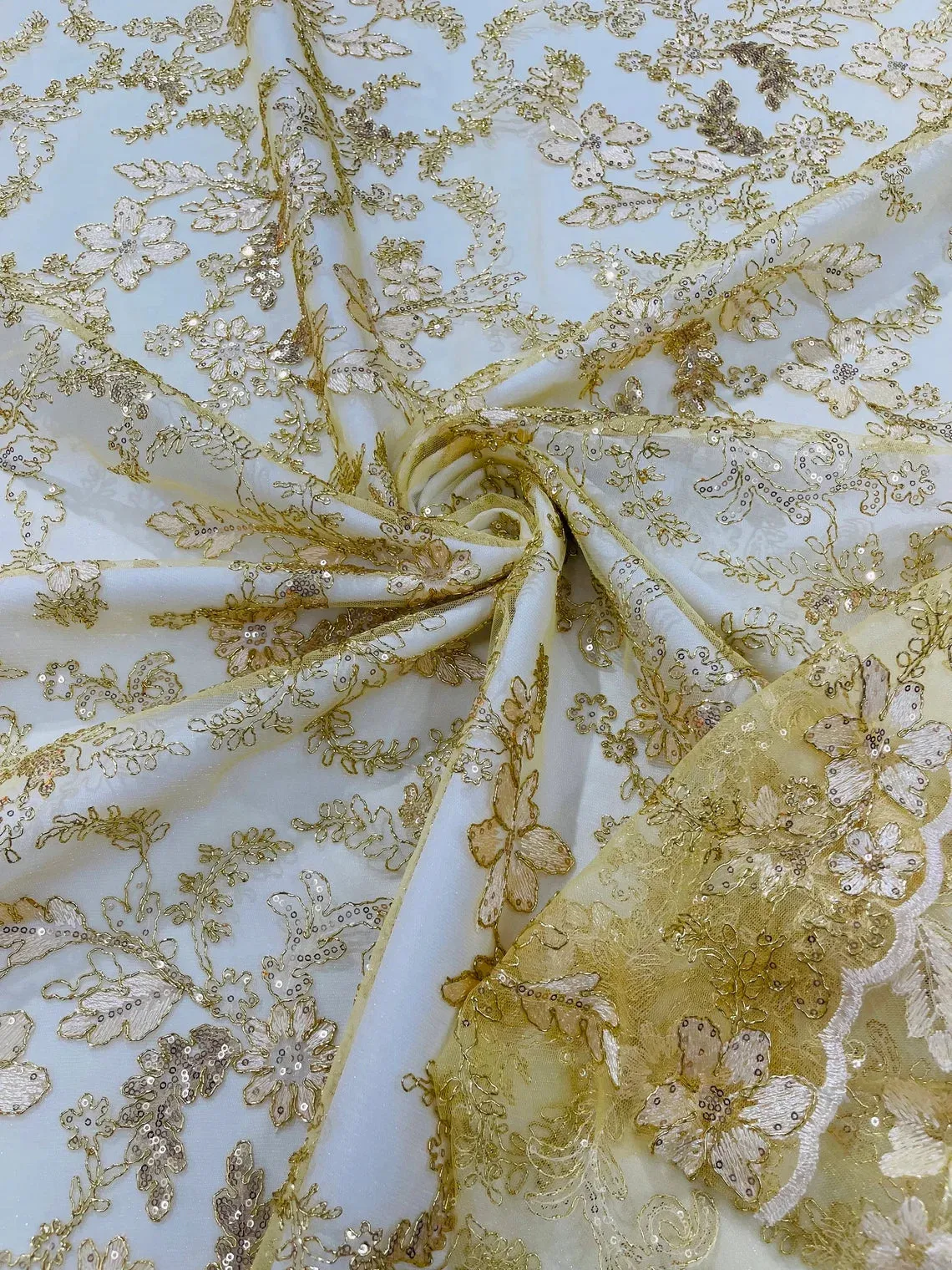 Metallic Floral Lace Fabric - Embroidered Fancy Flower Sequins Fabric by Yard