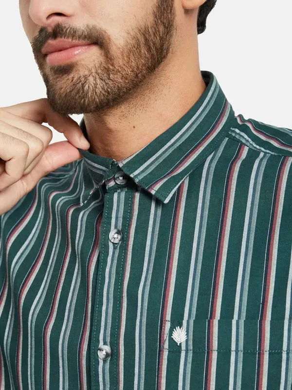 Mettle Men Green Opaque Striped Casual Shirt