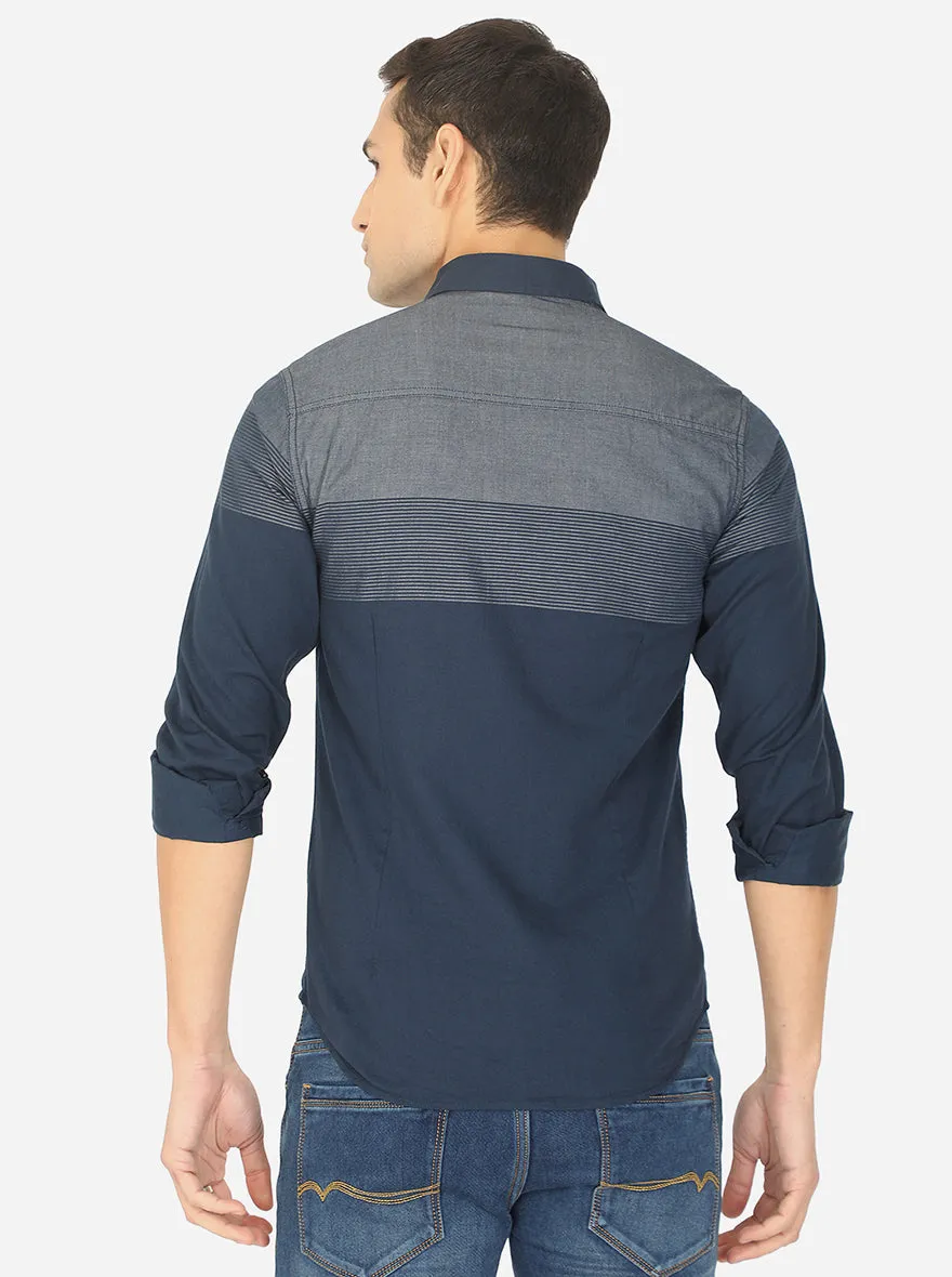 Navy Blue & Grey Striped Slim Fit Semi Casual Shirt | Greenfibre