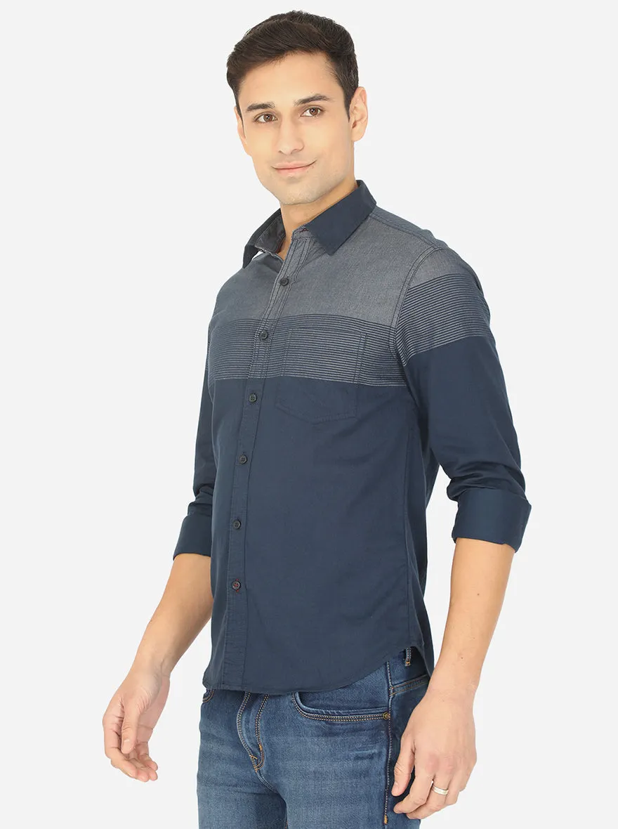 Navy Blue & Grey Striped Slim Fit Semi Casual Shirt | Greenfibre