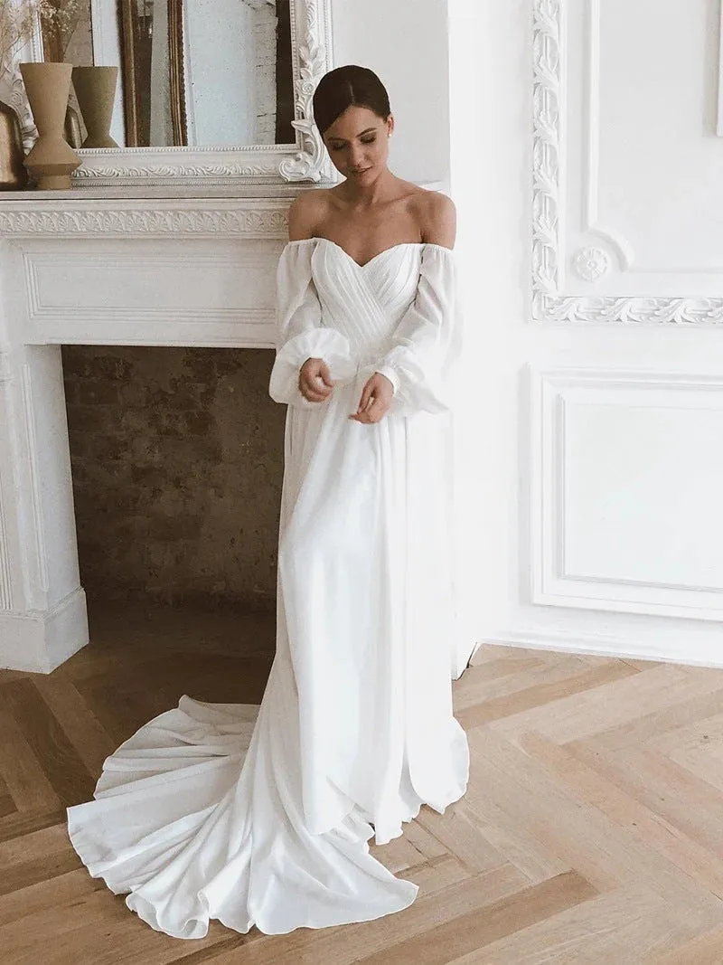 Off the Shoulder Chiffon Beach Long-Sleeve Wedding Dresses